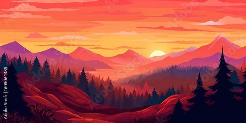 A landscape bathed in the warm hues of sunrise or sunset, concept of Golden Hour, created with Generative AI technology
