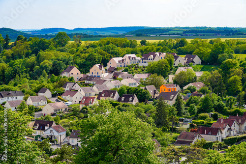 Aerial view of a lush residential neighborhood of new individual homes in Provins, a medieval city in the French department of Seine et Marne in the capital region of Ile de France photo