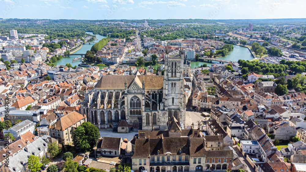 Aerial view of the Saint Etienne cathedral of Meaux, a roman catholic church built in the 12th century near the Marne river in the department of Seine et Marne near Paris, France