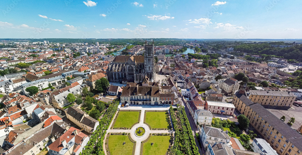 Aerial view of the gardens of the Episcopal Palace and Saint Etienne Cathedral of Meaux, a Roman Catholic church in the Seine et Marne department near Paris, France