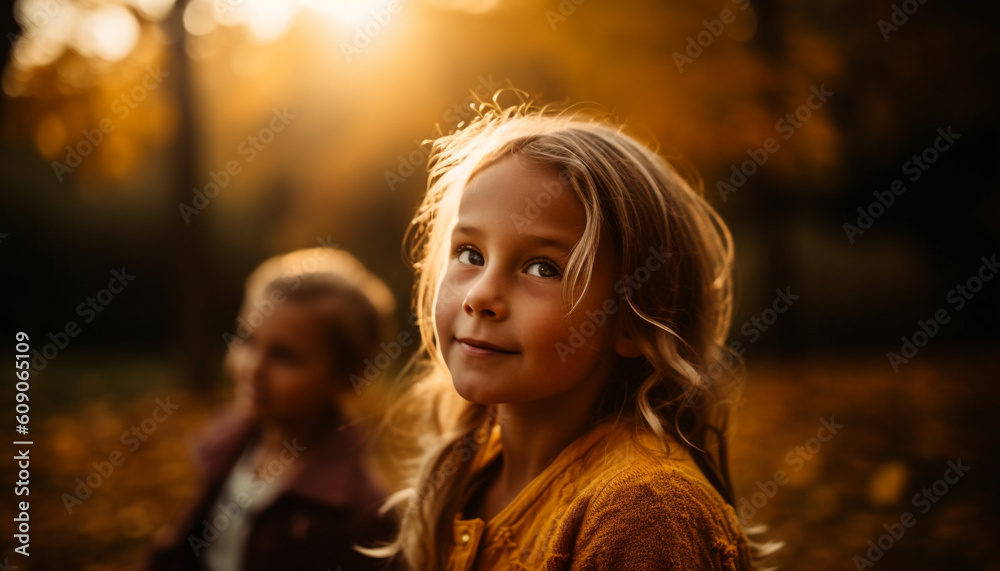 Fototapeta premium Cute girls playing in nature, enjoying autumn fun generated by AI