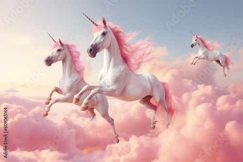 Obraz na plátně Beautiful white and pink unicorns flying in the sky AI generative