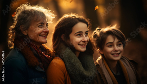 Group of smiling friends enjoying autumn outdoors generated by AI