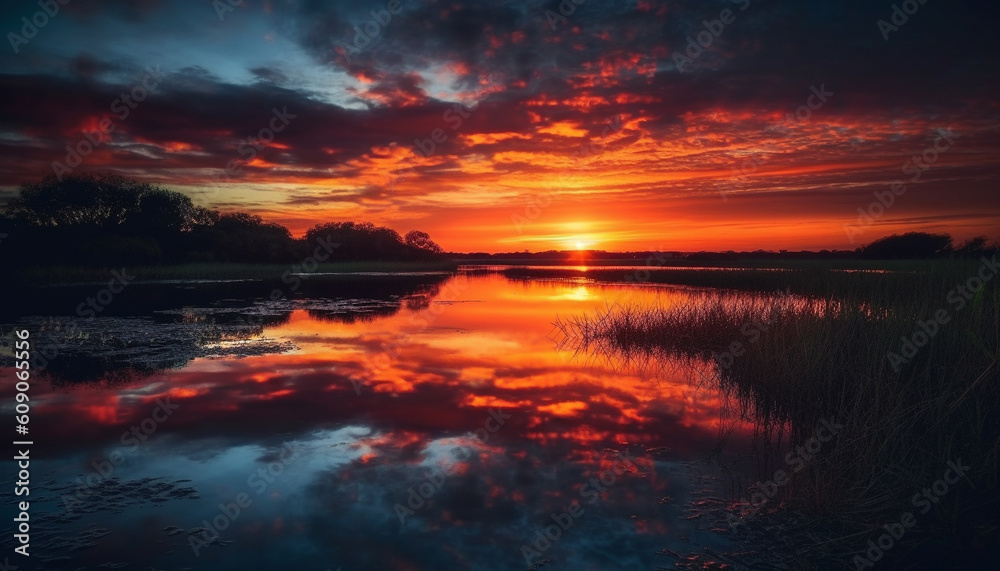Vibrant sunset reflects beauty in tranquil nature scene generated by AI
