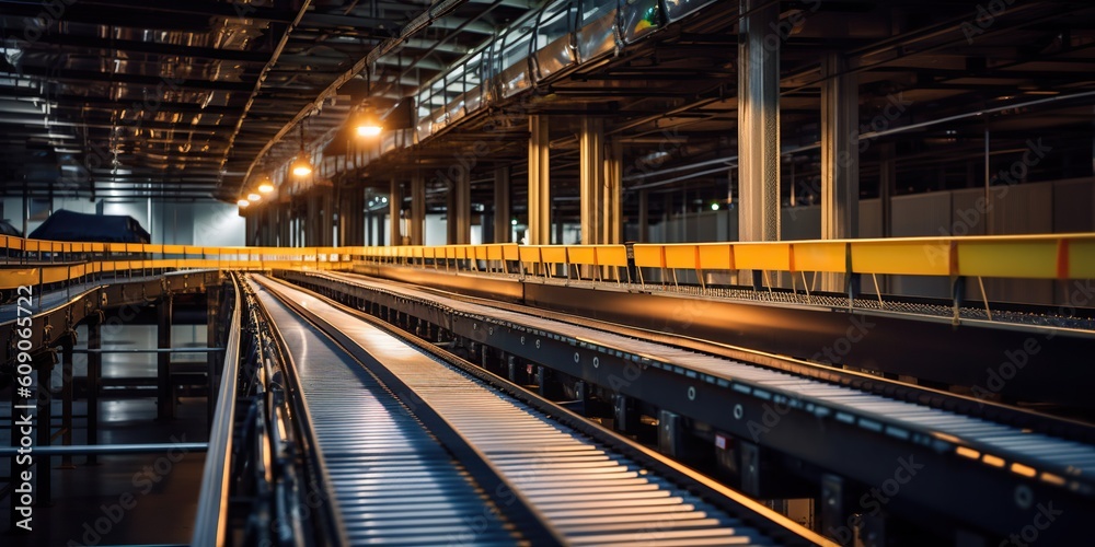 A high-speed conveyor in a modern factory, symbolizing efficiency and progress, concept of Automation, created with Generative AI technology A high-speed conveyor in a modern factory, symbolizing efficiency and progress, concept of Automation, created with Generative AI technology