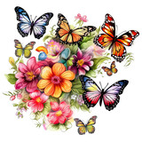 Cartoon butterflies and flowers border set. Flying insects, delicate moths species with multicolored wings collection. Generative AI