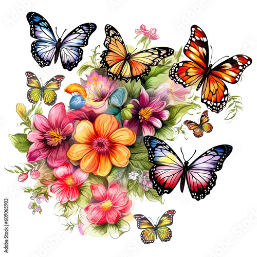 Cartoon butterflies and flowers border set. Flying insects  delicate moths species with multicolored wings collection. Generative AI