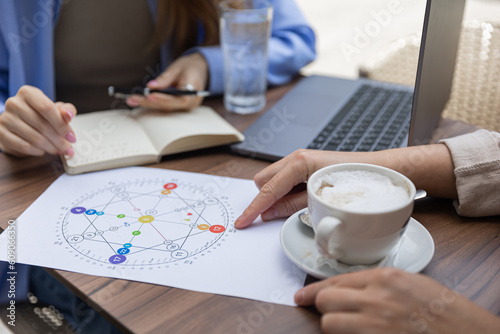 numerologist girl makes a calculation according to numerology, future by date of birth, find out her purpose with the help of numbers top view