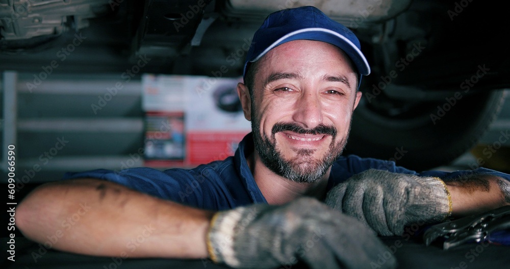 Close up smiling face auto mechanic caucasian man in uniform looking to camera. Auto service, repair, maintenance concept Close up smiling face auto mechanic caucasian man in uniform looking to camera. Auto service, repair, maintenance concept