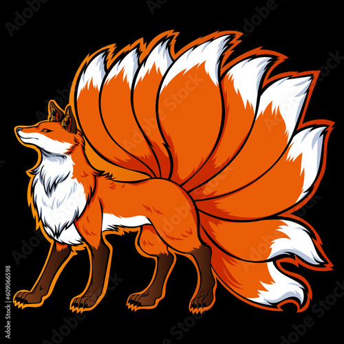 nine tail kitsune fox red fur vector tattoo character