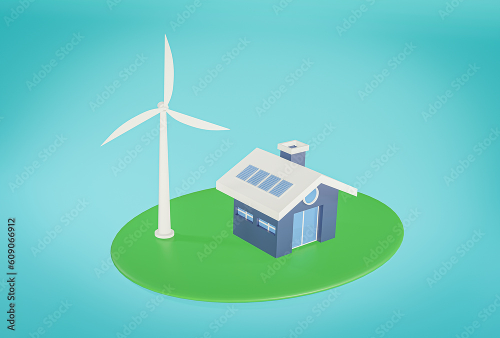 3d render of white wind turbine and solar panels on roof house on light ...