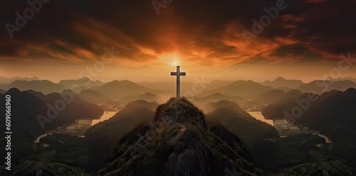 Cross on top of mountain with sunset sky background. Created with Generative AI tools