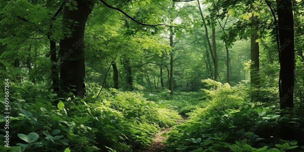 A lush forest canopy offering a soothing palette of greens, concept of Natural habitat diversity, created with Generative AI technology A lush forest canopy offering a soothing palette of greens, concept of Natural habitat diversity, created with Generative AI technology