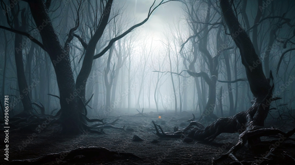 Dead cliff road on the dead mysterious forest with three crows on the