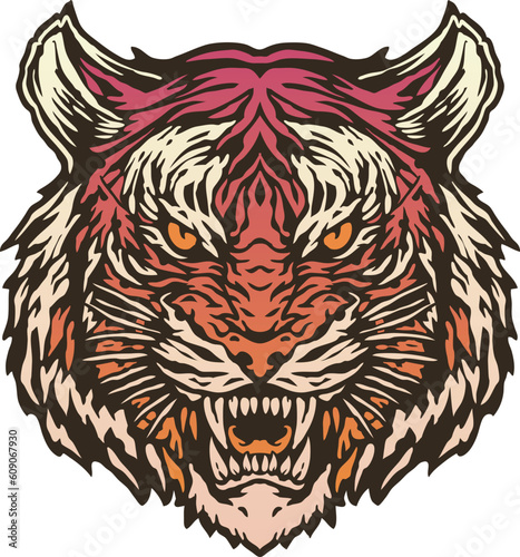 The head of a tiger with a big grin with colorful vintage tattoo style illustration