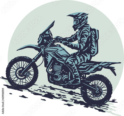 A vintage stamp style illustration of a dirt bike with a rider on it
