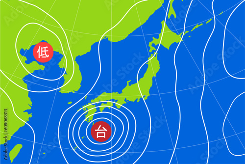 気圧配置図。台風の天気図。