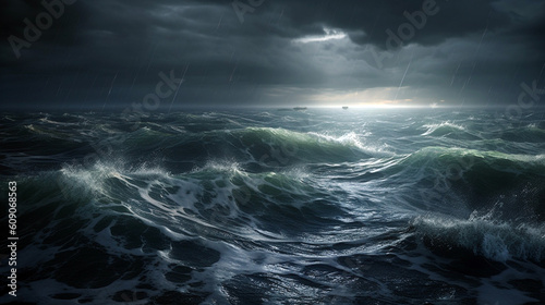 dark ocean storm with lighting and waves at night