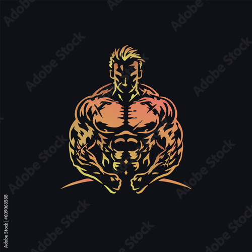 A logo for a bodybuilder with a black background