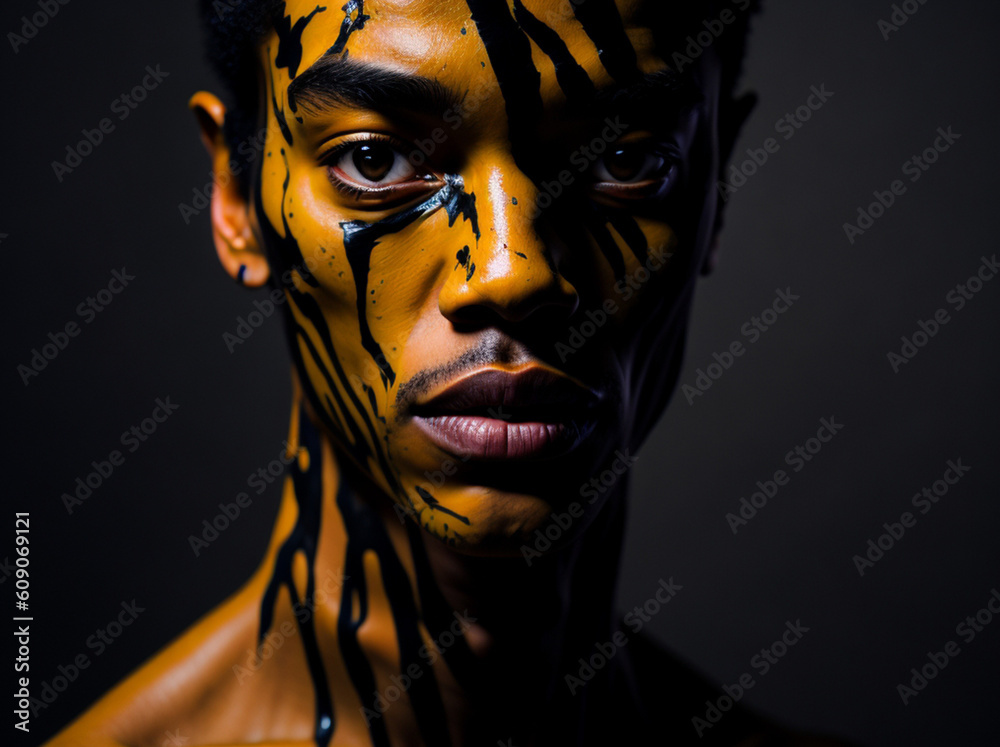 portrait of an african american covered in yellow paint portrait of an african american covered in yellow paint