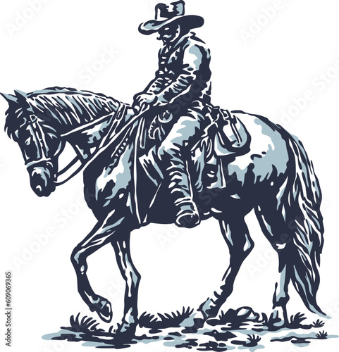 A man riding a horse with a hat on his head with vintage style illustration
