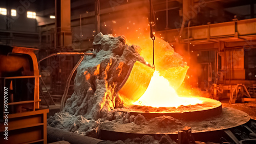 Pouring bright hot liquid steel or metal from ladle in blast furnace foundry metallurgical factory.