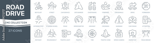 Road and drive linear signed icon collection. Signed thin line icons collection. Set of road and drive simple outline icons