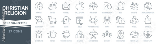 Christian religion linear signed icon collection. Signed thin line icons collection. Set of Christian religion simple outline icons
