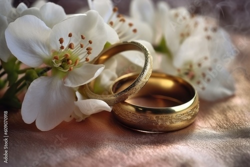 Flowers in the background and gold rings for engagement. Generative AI