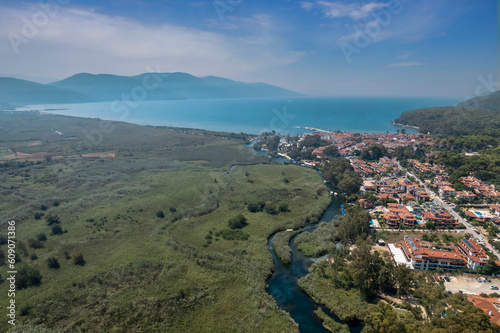 Aerial view of Azmak River in Akyaka, Mugla, Turkey