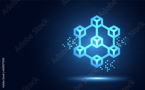 Futuristic Blockchain technology fintech cryptocurrency blockchain server digital blue abstract background. Linked blocks contain cryptography hash and transaction data. Vector illustration