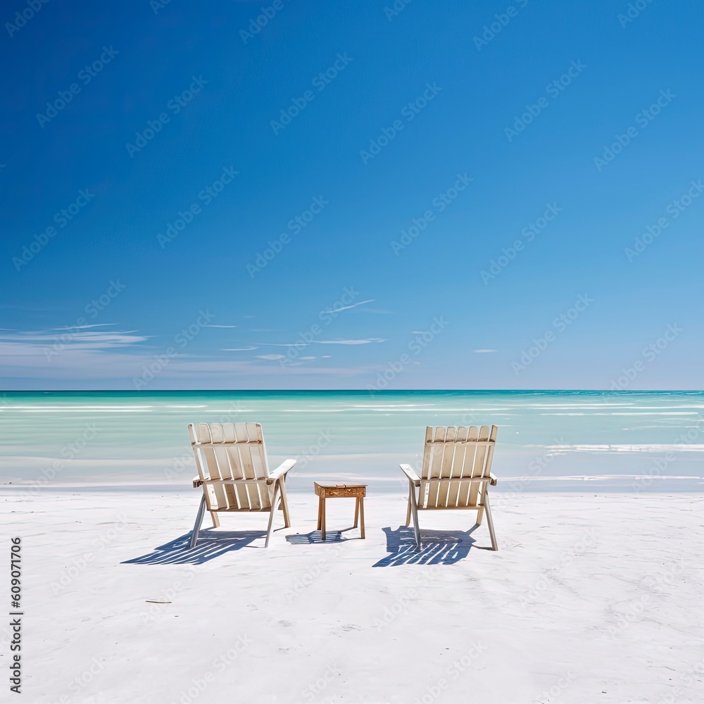 Empty sea beach with chairs and blue sky.