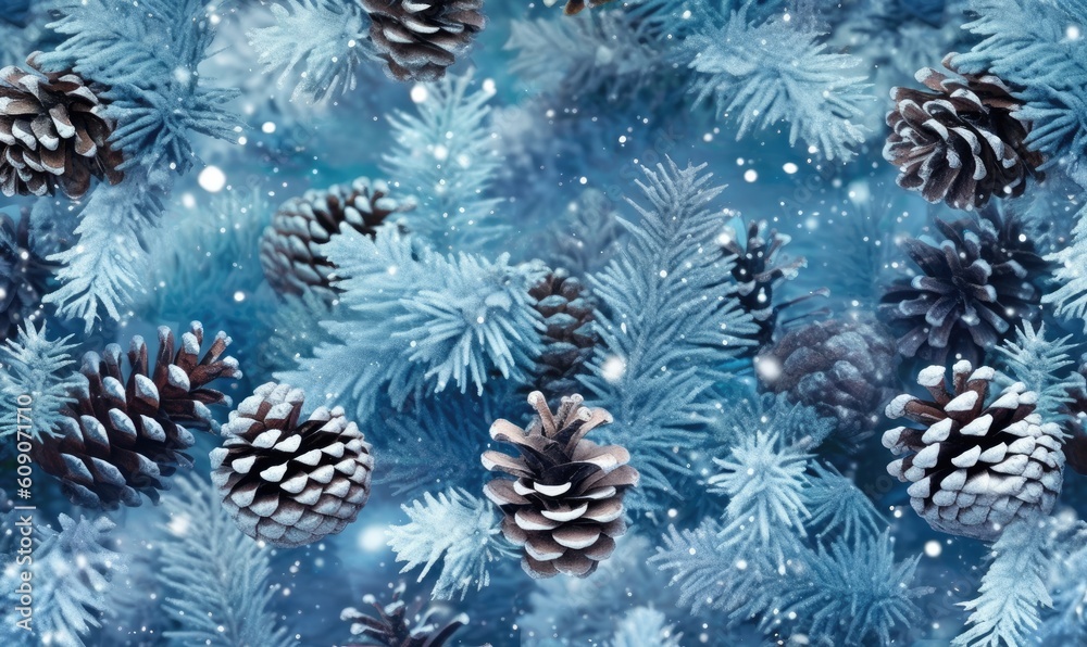 Close-up shot of a tree with cones against a cool blue background. Christmas concept. Generative AI