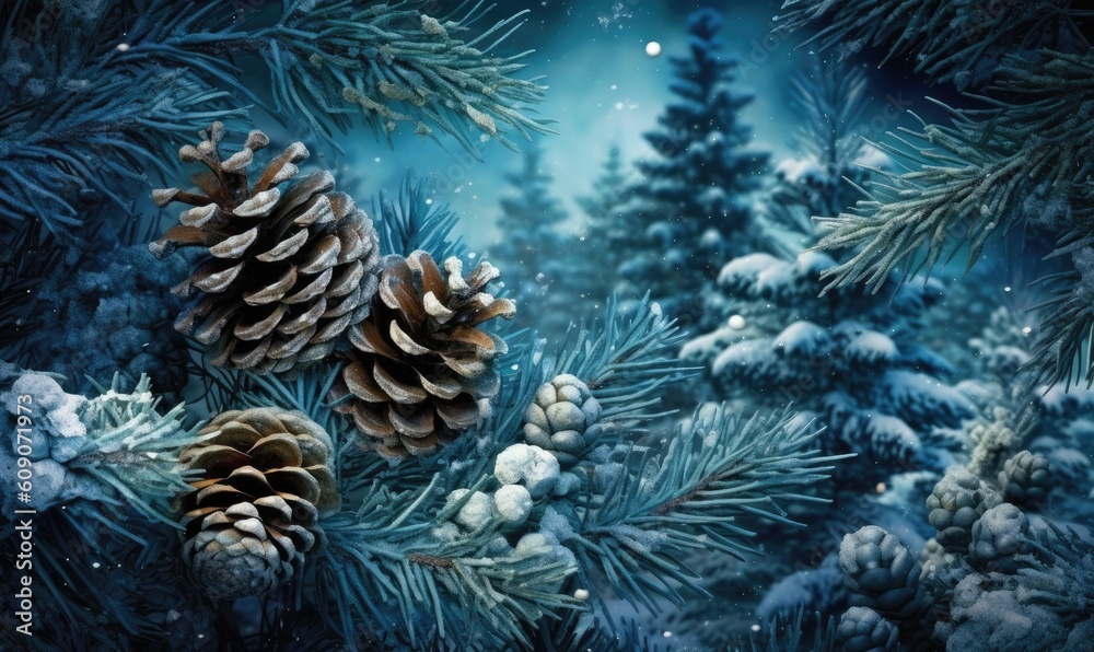 Close-up shot of a tree with cones against a cool blue background. Christmas concept. Generative AI