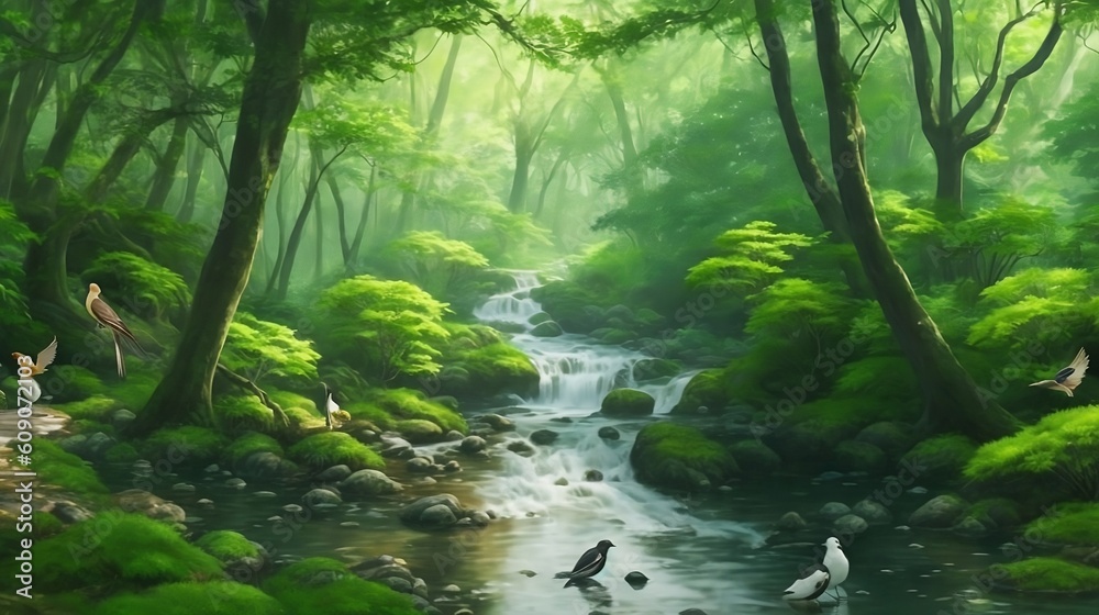 Forest with a river and birds Forest with a river and birds