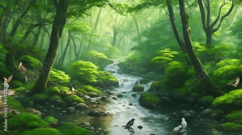 Forest with a river and birds 