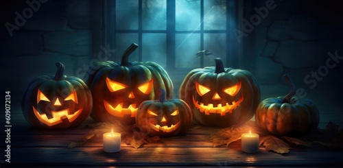 Halloween pumpkins and jack o lanterns on table with beautiful misty atmosphere, mysterious backdrop. Generative AI