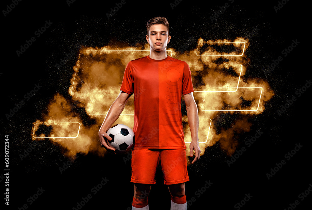 Socccer concept. Sports betting on football. Design for a bookmaker.  Download banner for sports website. Soccer player winner on a fiery  background Stock Photo