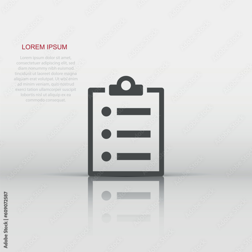 Checklist document sign icon in flat style. Survey vector illustration on white isolated background. Check mark banner business concept. Checklist document sign icon in flat style. Survey vector illustration on white isolated background. Check mark banner business concept.