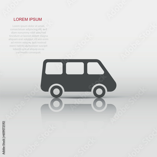Passenger minivan sign icon in flat style. Car bus vector illustration on white isolated background. Delivery truck banner business concept.
