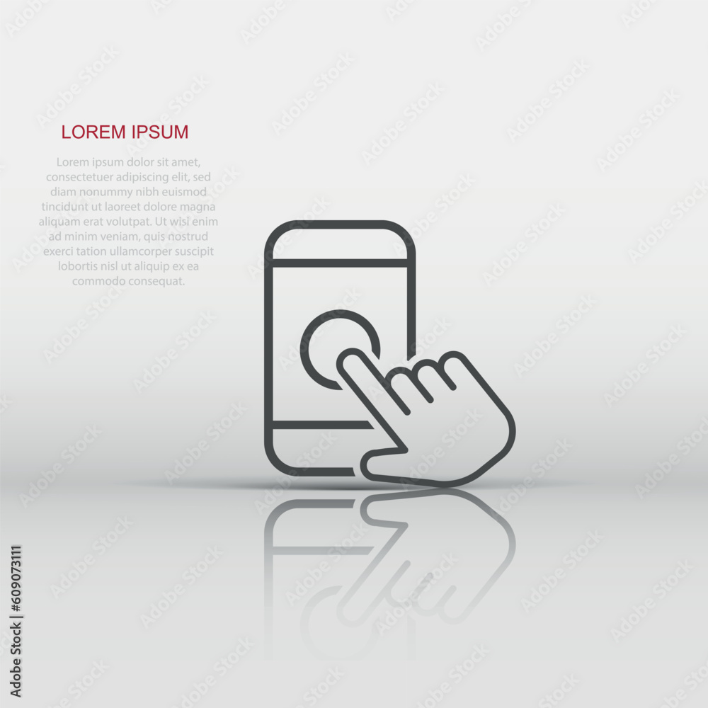 Hand touch smartphone icon in flat style. Phone finger vector illustration on white isolated background. Cursor touchscreen business concept.