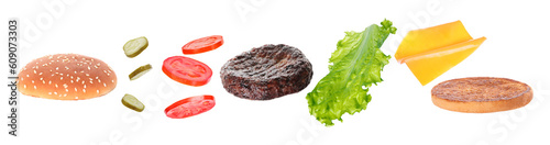Flying big hamburger on white background