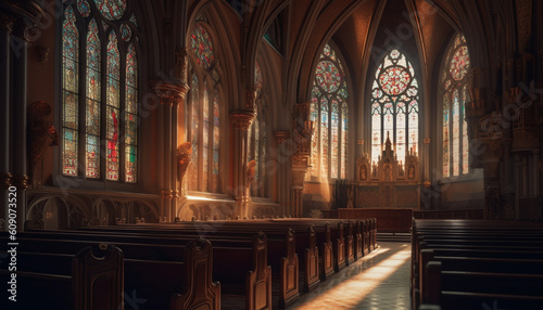 Stained glass illuminates ancient chapel gothic architecture generated by AI