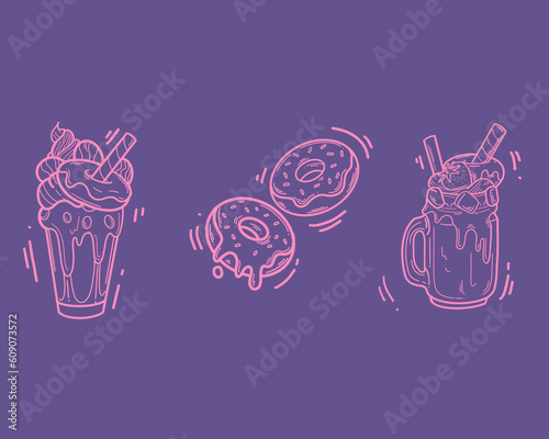 Sweet Donut cupcake soft cream coffee milk tea with strawberries in glass on purple background Outline Simple vector illustration.