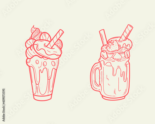 Retro styled Sweet Donut cupcake soft cream coffee milk tea with strawberries in glass Vector illustration.
