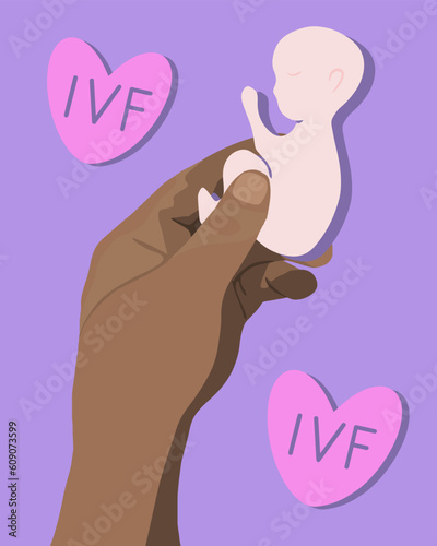Іn vitro fertilization. Surrogate motherhood. Artificial insemination. Fertility center. Egg donation Sperm donation. Vector isolated illustration of an embryo in a human hand. Freezing eggs , sperm.