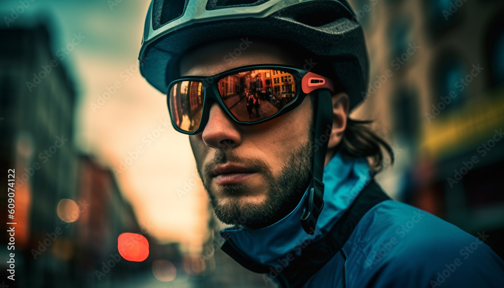 Confident young athlete cycling through city traffic generated by AI Confident young athlete cycling through city traffic generated by AI