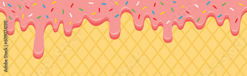 Seamless pattern border with sweet pink ice cream, colorful sprinkles and waffle background. Vector illustration