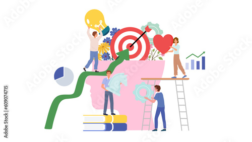 Business teamwork concept background. Businessman in business mechanism planing process, abstract background people brainstorming with strategy analysis. Flat vector illustration.