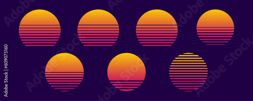 Colección puesta de sol. Conjunto de gráficos retro con sol sumergido en el mar. Colección de los años 80 de puestas de sol vectoriales. Elementos para carteles, ilustraciones y diseños web de los año